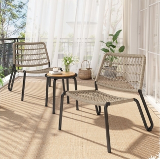 Merax Balkonset, (3-tlg. Gartenmöbel Gartenlounge, 3-tlg, Tischplatte aus Massivholz), Balkonmöbel-Set mit Tisch und 2 Stuhl, Gartenmöbel aus Seil & Stahl