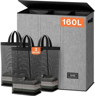 Wäschekorb 160L mit 3 Fächern, Deckel & 3 Wäschesäcken Grau XXXL