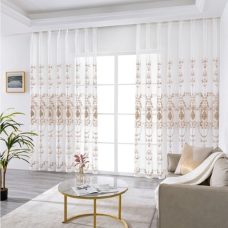 Qelus Gardine 2er Set Bestickt Sheer Voile Vorhänge mit ösen Wohnzimmer Modern, Blumen Durchsichtig Gardinen