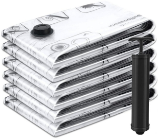 SURFOU Vakuumbehälter 6er Set Vakuumbeutel für Kleidung 3 Größen, Vakuumierbeutel Bettdecken, Polyethylen (PE), (Wiederverwendbar Kleideraufbewahrungstaschen mit Handpumpe, langlebig, reißfest, mehrfach versiegelt, auslaufsicher, feuchtigkeitsbeständig...