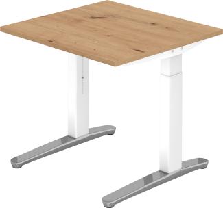 bümö® Design Schreibtisch XB-Serie höhenverstellbar, Tischplatte 80 x 80 cm in Asteiche, Gestell in weiß/alu poliert