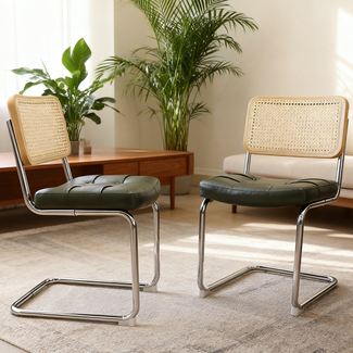 LVHOM Freischwinger 2er Set Esszimmerstuhl, Retro Küchenstuhl mit Chromgestell & Rattan-Rückenlehne, gepolsterter Kunstleder-Sitz, stapelbar, moderne Wohnzimmerstuhl, Dunkelgrün