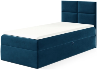 MEBLINI Kinderbett mit Bettkasten MINO 3 100x200 Rechts – H3/Blau Samt Gepolstert Einzelbett mit Matratze - Polsterbett mit Stauraum - Bett mit Kopfteil – Stauraumbett