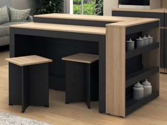 Vente-unique - Set zentrale Kücheninsel + 2 Hocker - Schwarz & Holzfarben hell - NUSICE