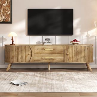 Merax Erbsenförmiges TV-Board mit vertikaler Rillenoptik, 2 Schiebetüren + 2 Schubladen, Massivholzfüße, Holzoptik, MDF-Material, moderner skandinavischer Stil