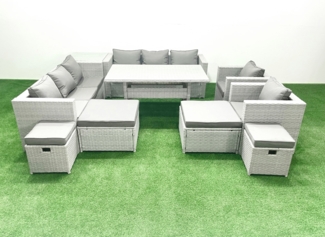 Fimous Rattan Gartenmöbel Essgarnitur 12 Sitzer Lounge Sofa Stuhl Esstisch Set mit 4 Hockern Beistelltisch Hellgrau gemischt