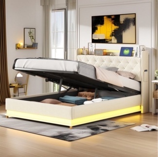 MODFU Polsterbett mit LED-Farbwechsel (Stauraumbett mit USB & Type-C-Anschluss, hydraulischem Stauraum & aufklappbarem Kopfteil, Kinderbett aus Leinenstoff 90x200cm), Mit Matratze