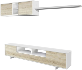 Dmora Angora-Wandsystem, TV-Ständer-Wohnzimmereinheit, Zusammensetzung des Wohnzimmersets, Wohnzimmerset mit Wandeinheit, 260 x 41 x 46 cm, glänzendes Weiß und Eiche