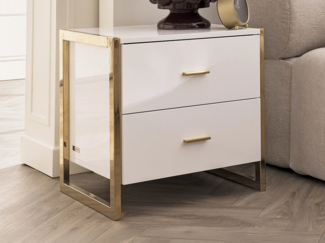 Vente-unique - Nachttische mit 2 Schubladen 2er-Set - MDF - Weiß lackiert & Goldfarben - OMBRELIA von Pascal Morabito