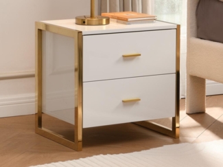 Vente-unique - Nachttische mit 2 Schubladen 2er-Set - MDF - Weiß lackiert & Goldfarben - OMBRELIA von Pascal Morabito