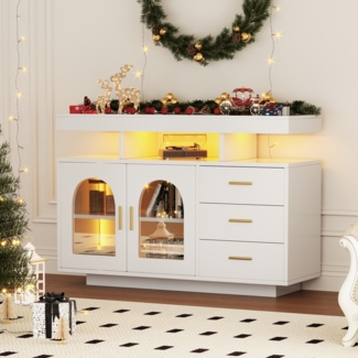 Küchenbuffet/Sideboard mit LED-Licht, 3 Schubladen, 1 Schrank, offene Fächer, hochglänzend, weiß