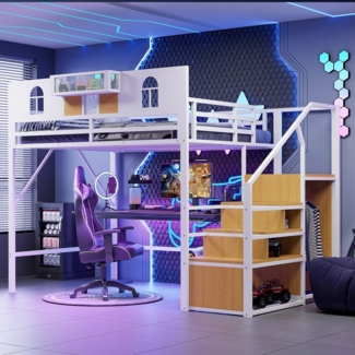 Merax Hochbett 140x200 cm (1-St, Jugendbett Einzelbett Eisenbett) Metallbett mit Stauraumleiter Ablagefläche Stauraumfach & Netzgewebe