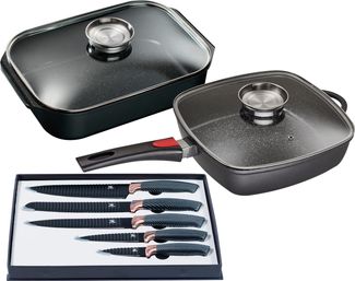 KING Pfannen-Set Square, Aluminiumguss (Set, 7-tlg, 1x Eckpfanne 28x28 cm, 1x Bräter 40x26 cm, 1x Messer-Set (5-teilig), Induktion, inkl. Messer-Set