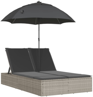 vidaXL Doppel-Sonnenliege mit Kissen & Schirm Hellgrau Poly Rattan 368086