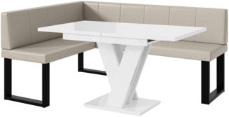 MEBLINI Eckbank für Esszimmer mit ausziehbarem Tisch - Küchenbank - Essecke - Sitzecke Küche - PETER - U-Beine 128x168x87cm Links - Beige Kunstleder/M Weiß Hochgl.