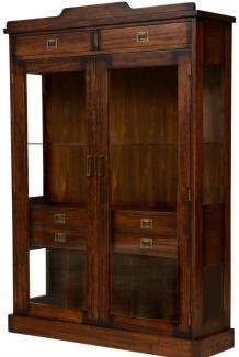 Casa Padrino Luxus Vintage Stil Vitrine Braun / Messing 120 x 37 x H. 171,5 cm - Massivholz Vitrinenschrank mit 2 Glastüren und 6 Schubladen - Massivholz Möbel - Vintage Stil Möbel - Luxus Möbel