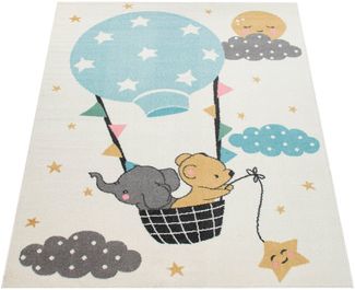 Paco Home Kinderteppich Nino 883, rechteckig, Höhe: 13 mm, Spielteppich, Kurzflor, Motiv Wolken, Sterne & Tiere, Kinderzimmer