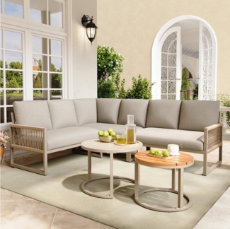 OKWISH Sofa Gartenmöbelset,mit verzinktem Eisengestell, Garten-Lounge-Set für 6-7 Personen, modernes Ecksofa mit verzinktem Eisengestell, wetterfesten Kissen, verstellbaren Beinen und zwei eleganten Couchtischen. 5 Teile, mit Relaxfunktion