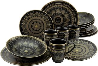 CreaTable 23586 Kombiservice Mandala für 4 Personen, Steinzeug, schwarz/gold (1 Set, 16-teilig)