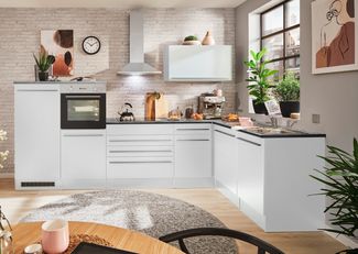 JAZZ 4 Moderne L- Küchenzeile ohne Elektrogeräte in Weiß Hochglanz, Geräumige L-Einbauküche mit viel Stauraum - 320 x 200 x 60 cm (B/H/T)