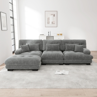 Ecksofa, Luxuriöses modulares Ecksofa Übergroßes L-förmiges Cloud Couch für Wohnzimmer tiefes Schlafsofa mit Ottoman, Cord+Chenille, Grau