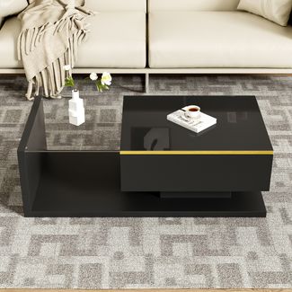 Couchtisch, Spanplatte mit Glasplatte & LED-Beleuchtung, 100x50x32,5 cm, Schwarz