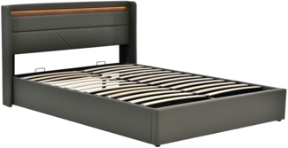 Merax LED 160x200 Hydraulisches Polsterbett aus Kunstleder Funktionsbett Doppelbett mit Lattenrost Grau