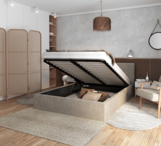 FDM Polsterbett Bettrahmen Bettgestell 90x200, 120x200, 140x200, 160x200, 180x200cm (MADE IN EU - mit hochwertigem fein gewebter Stoff für einen zeitlosen Look, Bettrahmen, Bett, Optional mit Matratze bestellbar, mit großen gepolsterten Kopfteil, mit B...