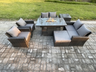 Fimous Polyrattan Gartenmöbel Set 7-Sitzer Gas Feuerstelle Esstisch Heater Set mit Doppelsitz-Sofa Beistelltische Großer Fußhocker Dunkelgrau Gemischt