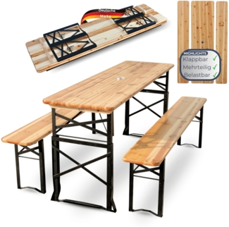 Bierzeltgarnitur höhenverstellbar klappbar Holz 170cm RINHO - 3 Teilig | 2x Bierbank 1x Biertisch | Festzeltgarnitur Biertisch Stehtisch Sitzgarnitur