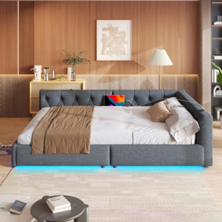 Merax Schlafsofa, Daybett, Tagesbett, 140x200cm, Schlafsofa mit Lattenrost (ohne Matratze), Ambientebeleuchtung mit Fernbedienung, Kopfteil mit Knopftuft, Usb+Typ-c, Leinen, Grau