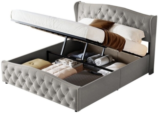 FUROKOY Stauraumbett Polsterbett Doppelbett mit hydraulischem Stauraum (Jugendbett gepolsteres Bettgestell), 140x200 cm,Grau,Samt,mit weichem Kopfteil