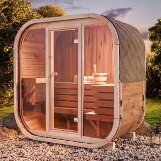 FinnTherm Fasssauna Ellipso M Fasssauna 1 Sitzbänke aus Holz Sauna mit 42 mm Wandstärke Außensauna mit Montagematerial