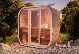 FinnTherm Fasssauna Ellipso M Fasssauna 1 Sitzbänke aus Holz Sauna mit 42 mm Wandstärke Außensauna mit Montagematerial