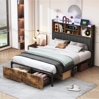 Polsterbett Metallbett 160x200cm mit Schubladen, LED-Beleuchtung, USB & Stauraum Kopfteil, Doppelbett Bettgestell mit Lattenrost aus Metallrahmen, Stauraumbetten, Jugendbett, Schwarz