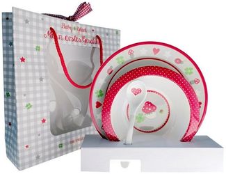 COPPENRATH DIE SPIEGELBURG Kinderbesteck Mein erstes Geschirr Baby Glück (3-tlg), Kunststoff, 1 Teller, 1 Schale, 1 Löffel in einer schönen Geschenkverpackung