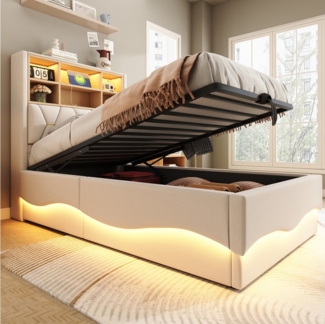 Merax Polsterbett (Kinderbett Jugendbett Einzelbett mit Metall-Lattenrost, 1-tlg), Hydraulisches Stauraumbett 90x200cm mit LED, USB und Ablagefächern