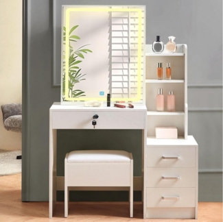 JYMTOM Schminktisch mit Beleuchtung Spiegel,Verstellbarer Helligkeit,moderner Frisiertisch, mit 4 Schubladen rechteckiger Kosmetiktisch,144 *87 *40 cm,weiß