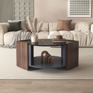 Couchtisch aus Spanplatte mit Marmor- & Walnussoptik, Ablagefach, 96,5x63x40 cm, Schwarz/Holzfarbe