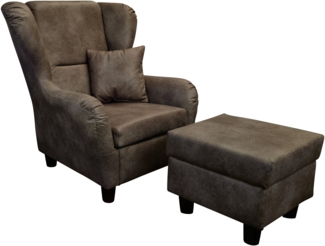 OHRENSESSEL mit HOCKER, hoher Sitzkomfort durch Wellenunterfederung B90/H98/T76 cm, Mikrofaser Leder-Optik Vintage Braun