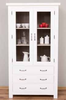 Casa Padrino Landhausstil Küchenschrank Weiß / Grau 100 x 50 x H. 180 cm - Massivholz Vitrinenschrank mit 2 Glastüren und 3 Schubladen - Landhausstil Küchen Möbel