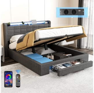 oyajia Polsterbett Stauraumbett Doppelbett mit LED Beleuchtung mit Ladefunktion (Type-C + USB, Hydraulisch hebbarer Stauraum), Funktionsbett Stauraumbetten Jugendbett Bettgestell Leises Design Bett