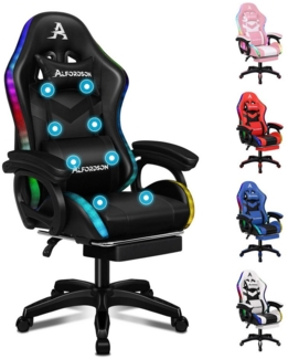 ALFORDSON Gaming-Stuhl Ergonomisch, Gamer Stühle mit Lendenwirbelkissen, Kopfstütze (1 St), Höhenverstellbar mit LED-Leuchten und 8-Punkt-Massagefunktion