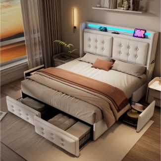 HAUSS SPOLE Polsterbett 180x200 cm mit Led-Kopfteil, Ladefunktion und 4 Schubladen, Beige (Stauraumbetten mit Lattenrost, 1-tlg, 180x200 cm, ohne Matratze), mit Led-Kopfteil und USB C Ladefunktion und 4 Schubladen