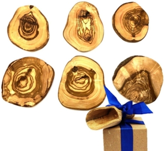 Olivenholz-erleben Getränkeuntersetzer Untersetzer, rustikal, rund, aus Olivenholz, Set, 6-tlg, Tischschoner, kratzfest, antibakteriell, langlebig, lebensmittelecht