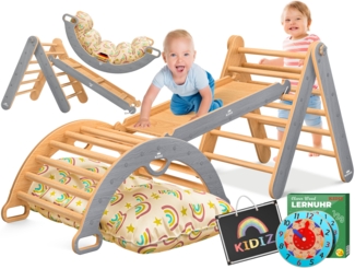 KIDIZ® Klettergerüst Montessori 7in1 Spiel-Set mit Kletterbogen Rutsche Kletterdreieck aus Holz inklusive Kissen, Tafel & Lern-Uhr | Indoor Spielplatz für Kleinkinder ab 1 Jahr & Kinder bis 3 Jahre Grau / Hellbraun