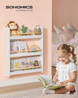 SONGMICS Bücherregal Kinder, Kinderregal mit 3 Ebenen, Spielzeugregal, Wandregal, für Kinderzimmer, Spielzimmer, weiß-naturfarben