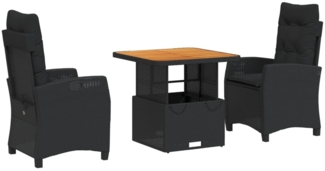vidaXL 3-tlg. Garten-Essgruppe, mit Kissen, Schwarz Poly Rattan, 80 x 80 x 40/71 cm