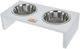 BedDog Hundenapf Duo mit Edelstahl-Schüsseln, erhöhter Doppel-Fressnapf, Hundebar, Katzennapf, Futterstation, 2x 1.6L, WHITE (weiß)