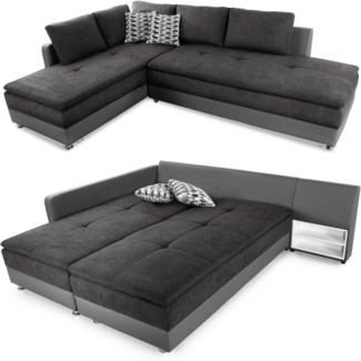 ECKSOFA-DAUERSCHLÄFER Doppelbett Boxspring Federkern Topper, Schwenkteil rechts 306/223/95 cm, Kunstleder Grau+Mikrofaser Anthrazit